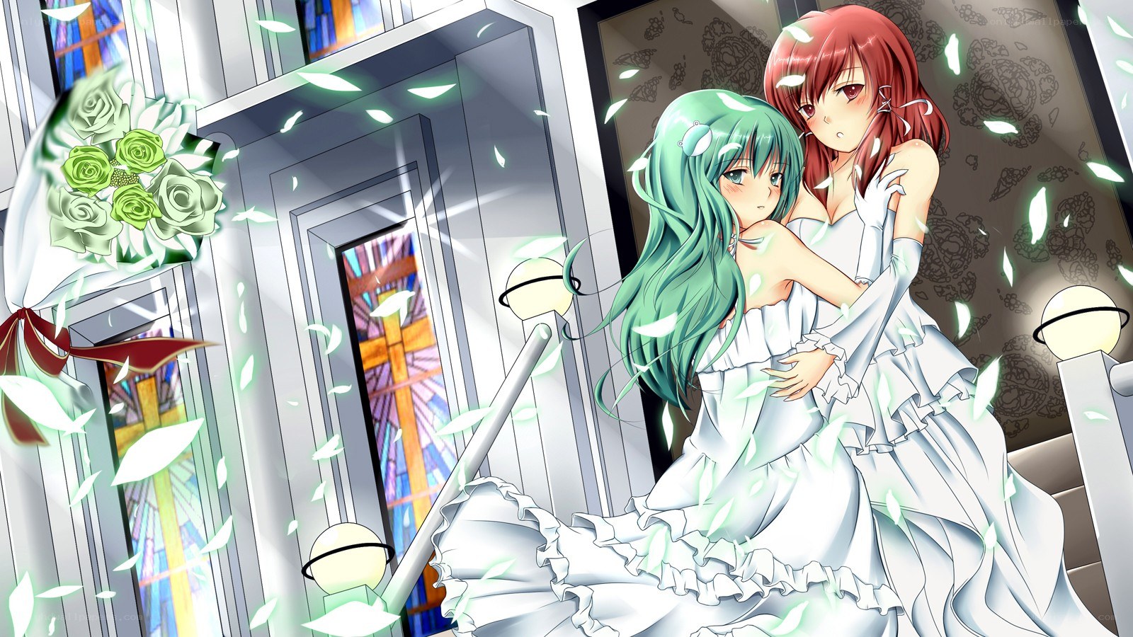 Two girls in wedding dresses