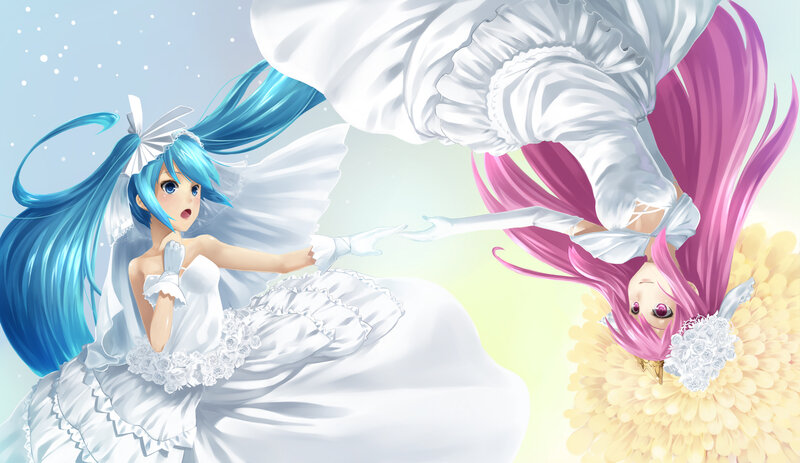 Two Girls in Wedding Dresses — Blue, Dreamy
