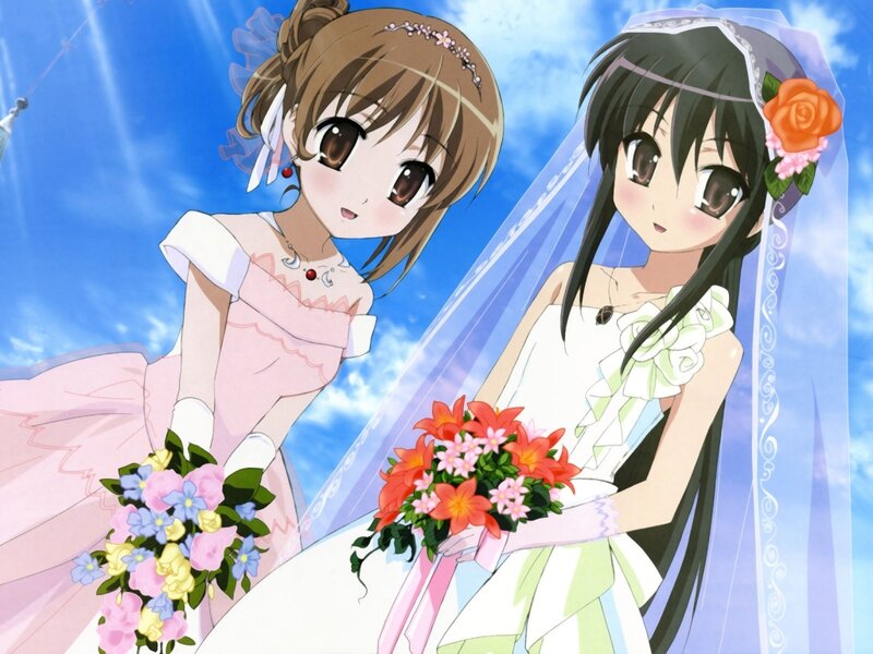 Two Girls in Wedding Dresses — Blue, Joyful