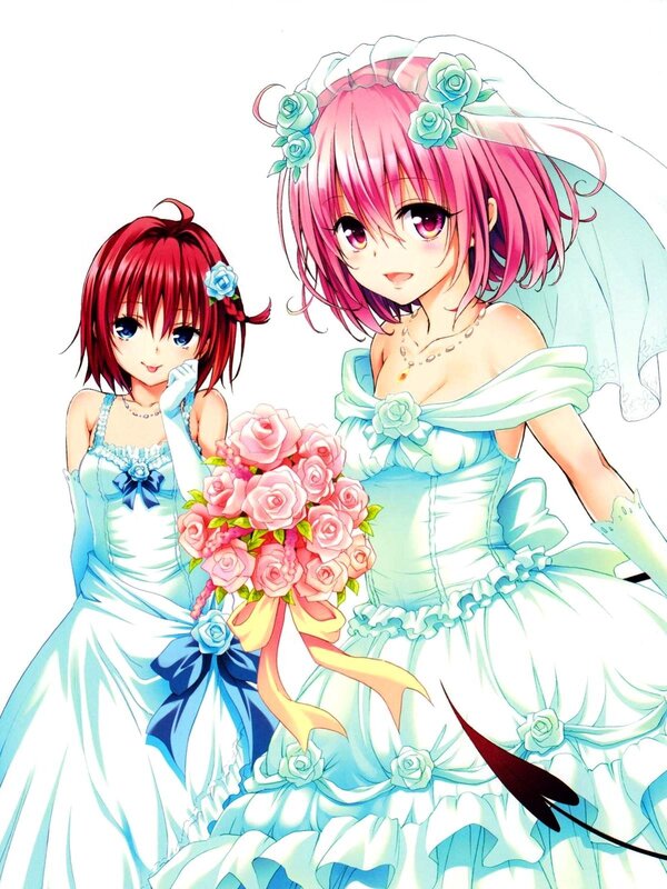 Two Girls in Wedding Dresses — Pink, Joyful, Anime, Flowers