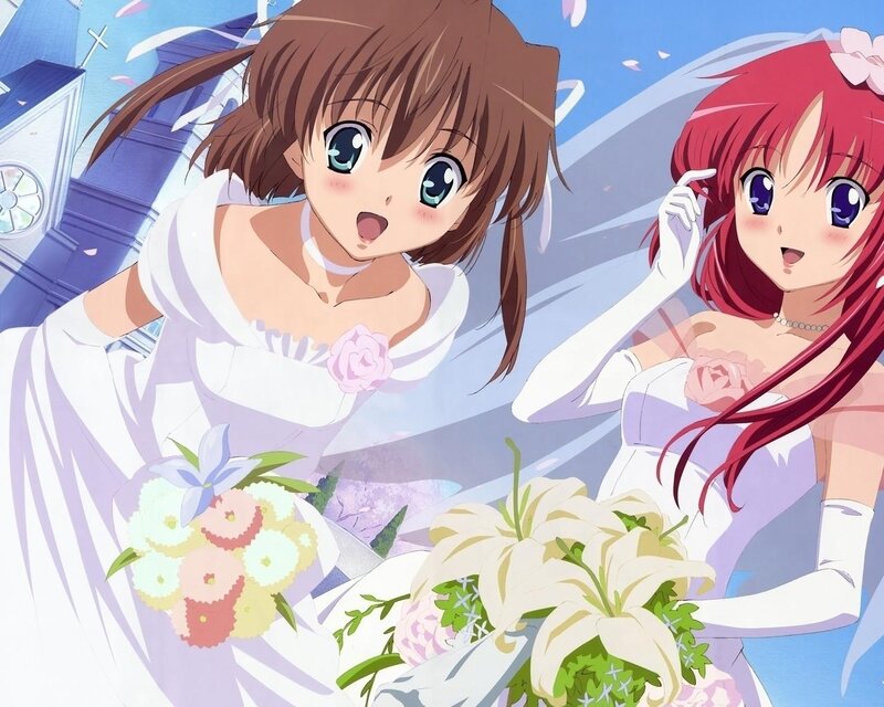 Two Girls in Wedding Dresses — White, Joyful, Afternoon, Anime