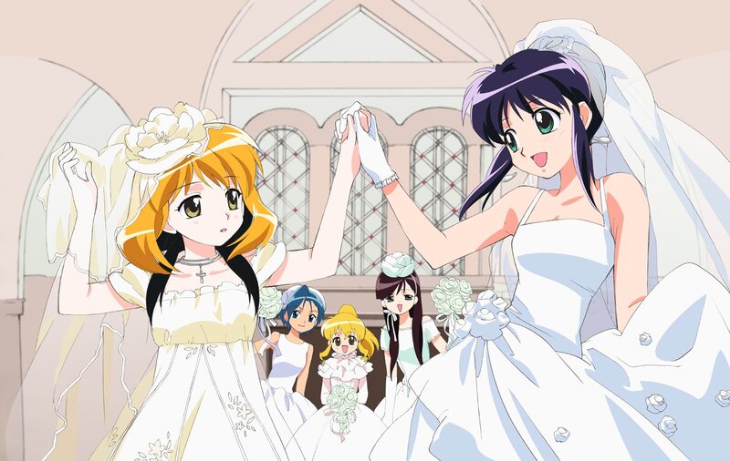 Two Girls in Wedding Dresses — White, Joyful, Anime, Bridesmaids