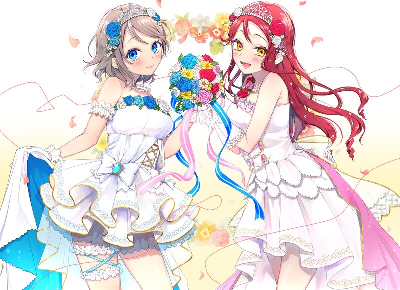 Two Girls in Wedding Dresses — White, Joyful, Spring