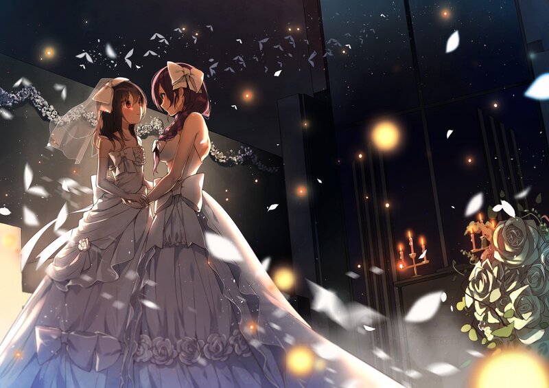 Two Girls in Wedding Dresses — White, Romantic, Night