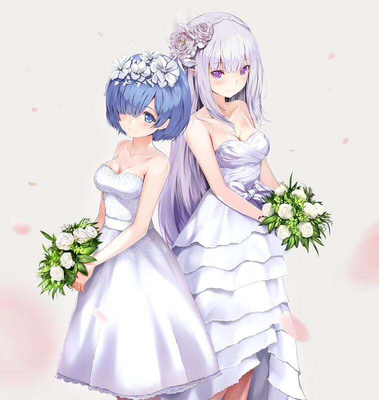 Two Girls in Wedding Dresses — White, Serene, Anime, Flowers