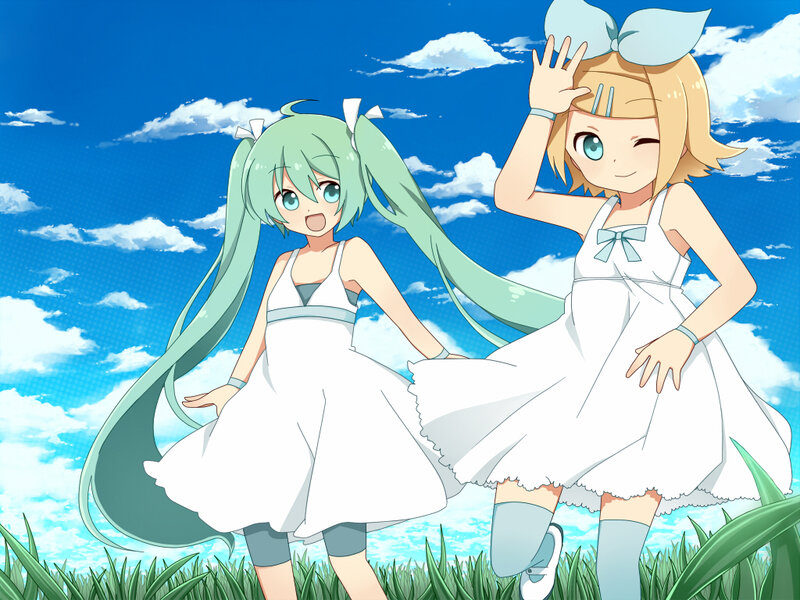 Two Girls in White Dresses — Blue, Cheerful