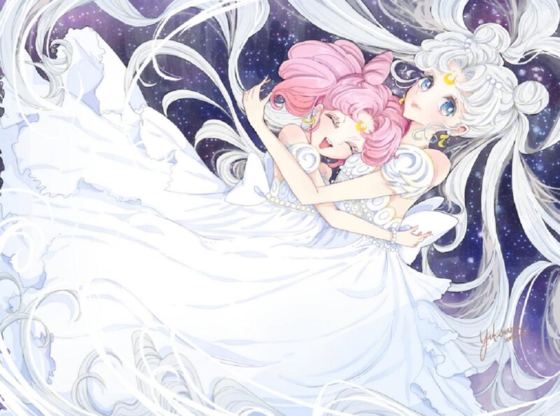 Two Girls in White Dresses — Serene, Night, Anime, Stars