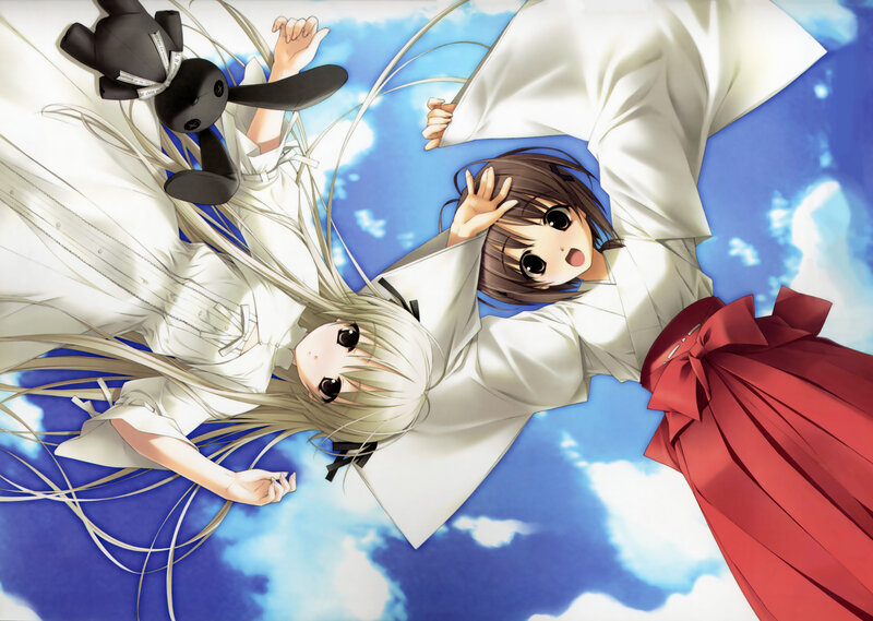 Two girls in white robes falling