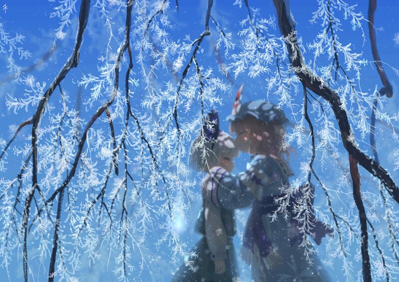 Two Girls in Winter — Blue, Serene, Digital Art