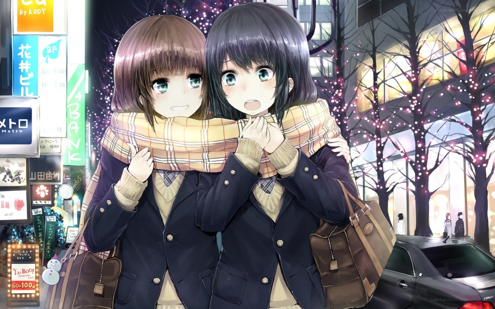 Two girls in winter city