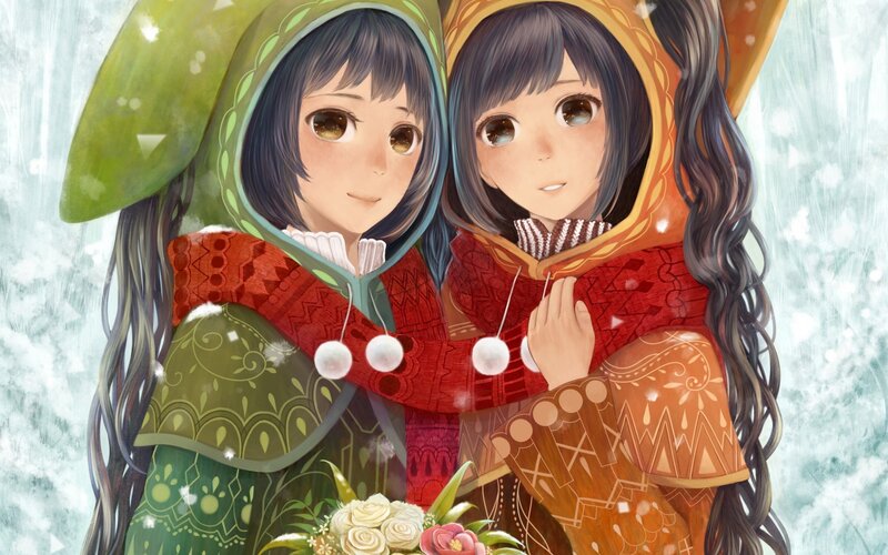 Two Girls in Winter Cloaks — Green