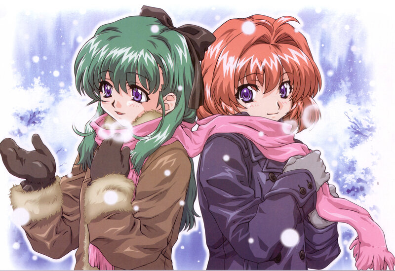 Two Girls in Winter — Green, Cold, Anime, Snow