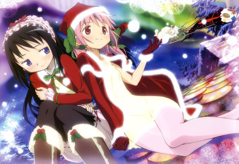 Two Girls in Winter Outfits — Purple, Festive, Night, Anime