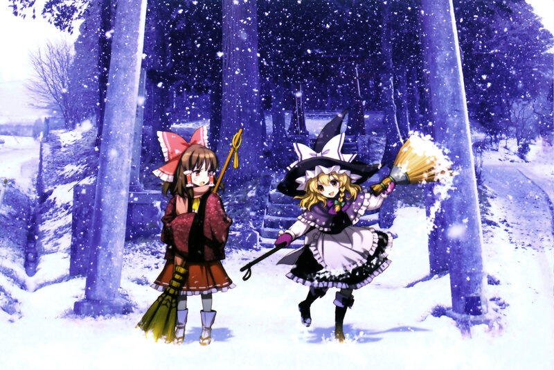 Two Girls in Winter — White, Playful, Anime, Snow, Broomsticks