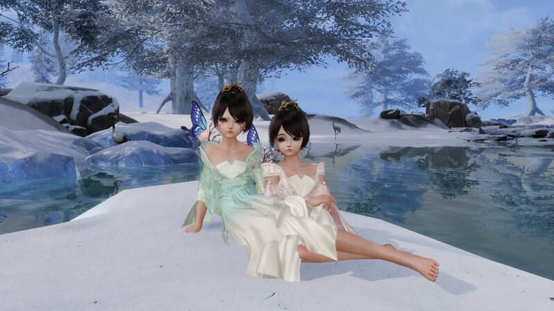 Two Girls in Winter — White, Serene, 3d Render