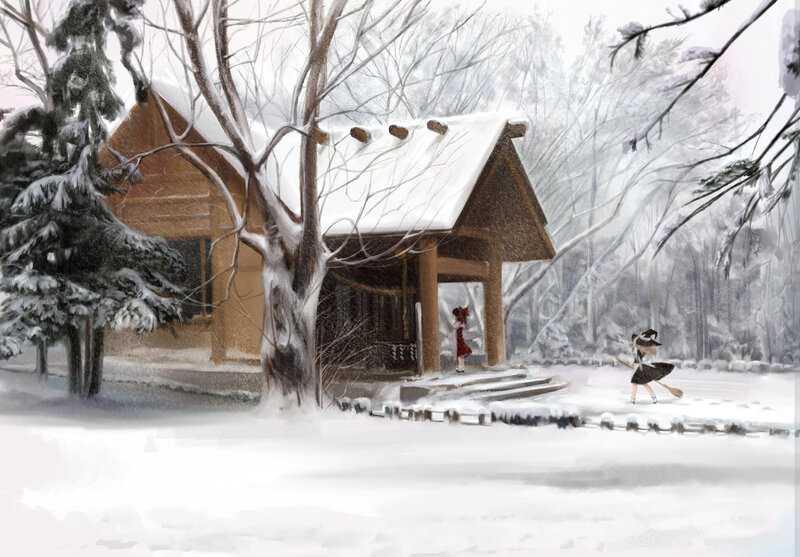 Two Girls in Winter — White, Serene, Digital Art, Snowy Forest