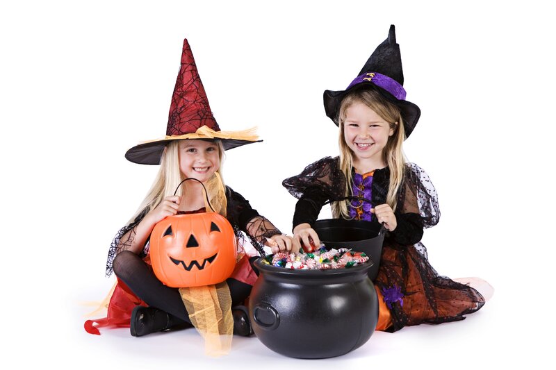 Two Girls in Witch Costumes — White