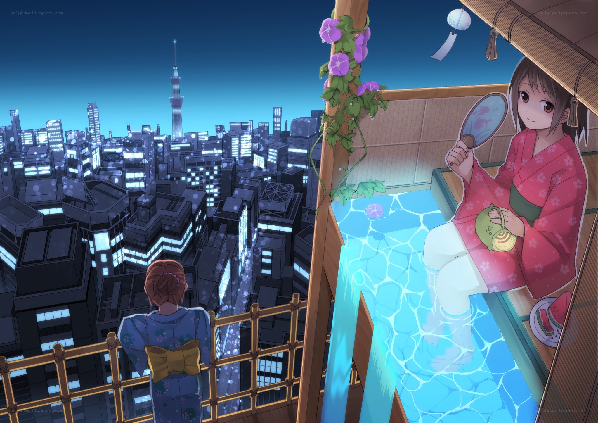 Two girls in yukata on rooftop