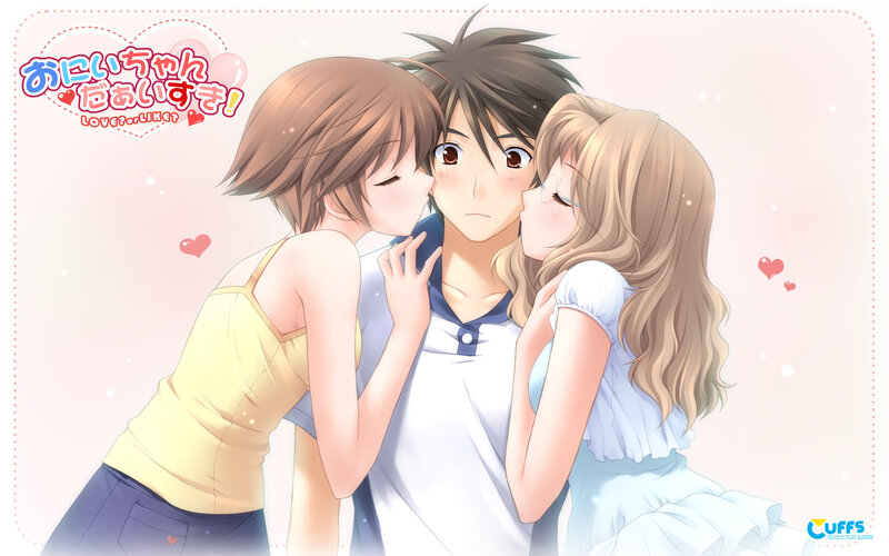 Two girls kiss a boy
