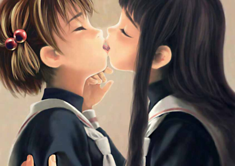Two Girls Kissing — Black, Intimate, Digital Art