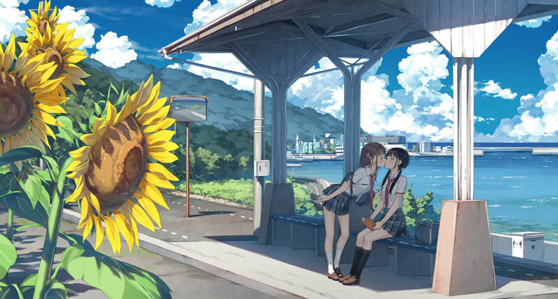 Two Girls Kissing — Blue, Serene, Afternoon, Anime