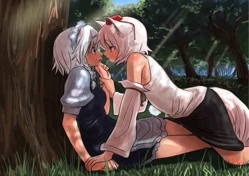 Two Girls Kissing — Green, Romantic, Afternoon, Anime