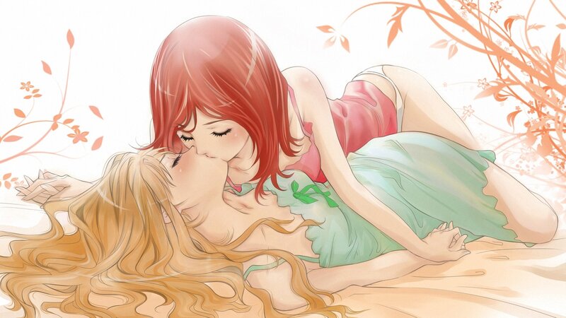 Two girls kissing in a garden