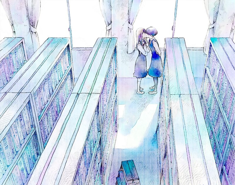 Two girls kissing in a library