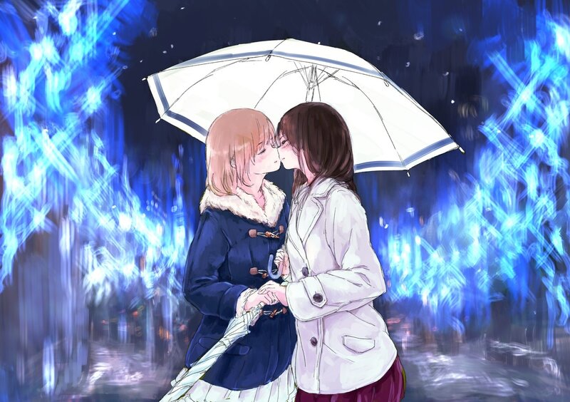 Two girls kissing in the rain