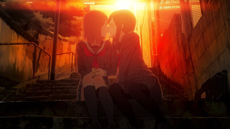 Two Girls Kissing — Orange, Romantic, Sunset, Anime, Stairs