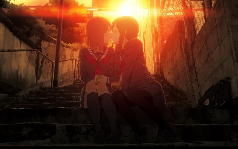 Two Girls Kissing — Orange, Romantic, Sunset