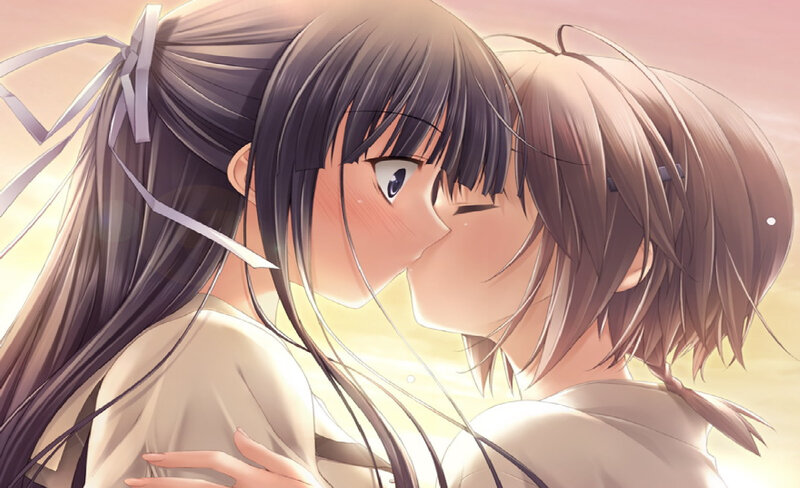 Two Girls Kissing — Pink, Romantic, Sunset