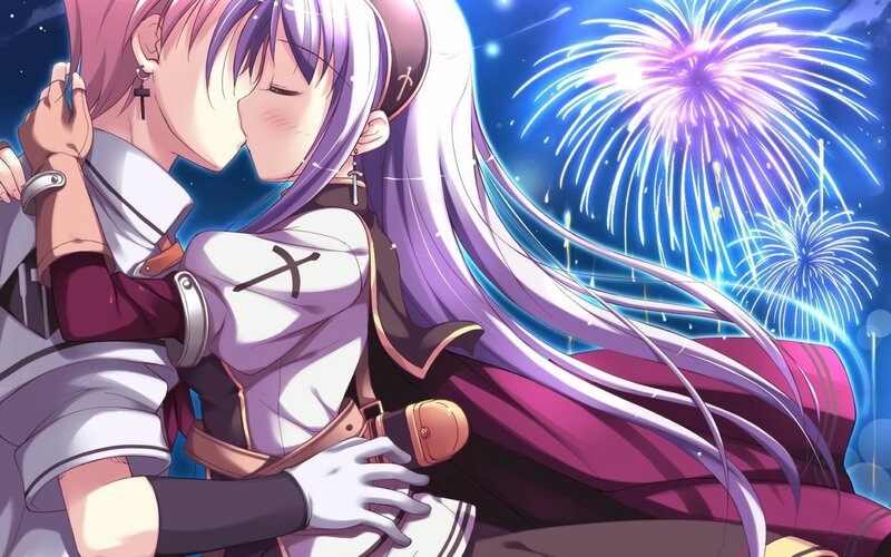 Two girls kissing under fireworks