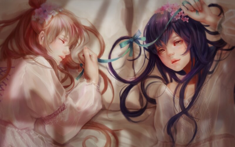 Two Girls Lying Down — Pink, Serene, Night