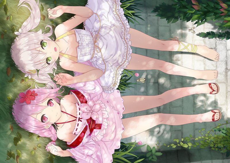 Two Girls Lying on Grass — Pink, Serene