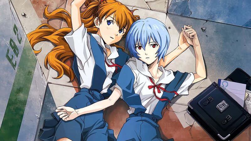 Two Girls Lying on Ground — Blue, Calm, Anime