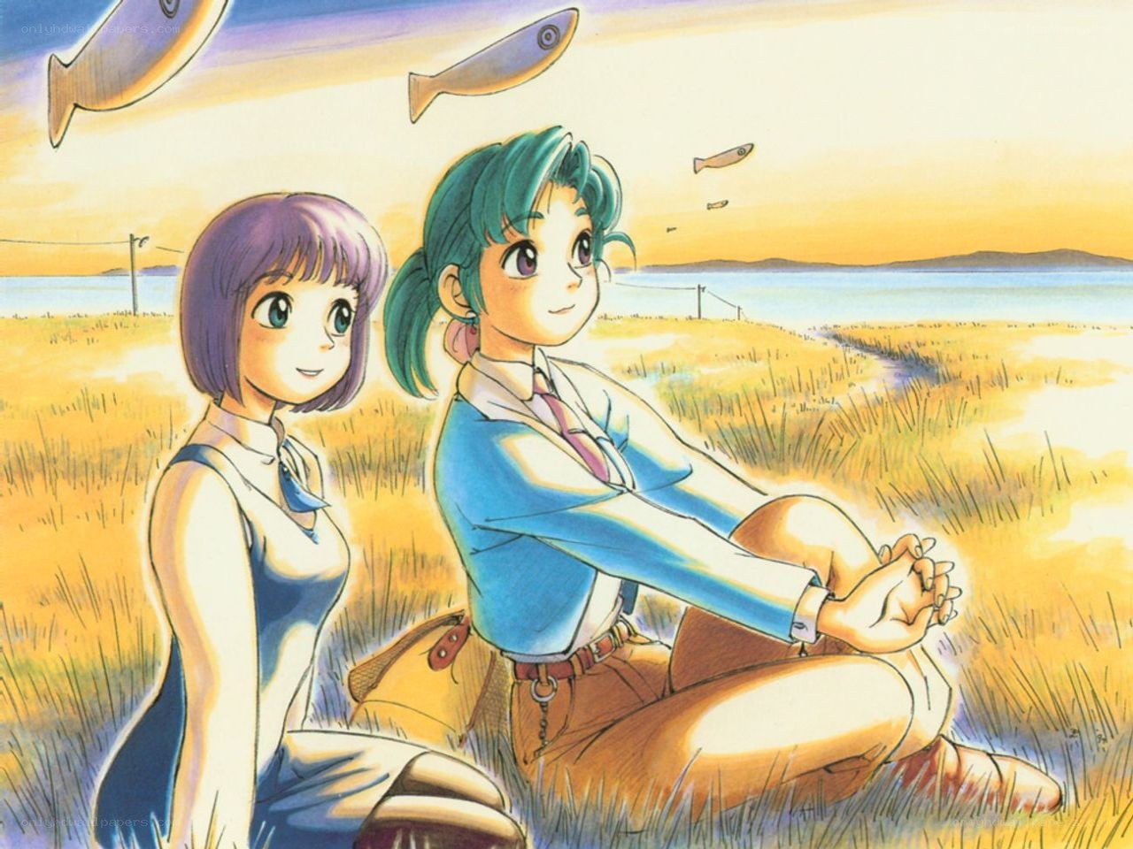 Two girls on a beach at sunset
