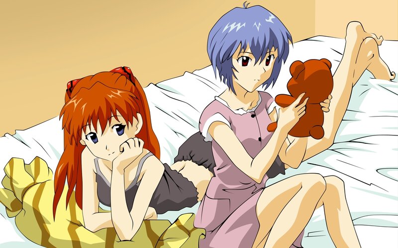 Two Girls on a Bed — Blue, Calm, Anime