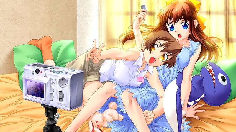 Two Girls on a Bed — Blue, Playful