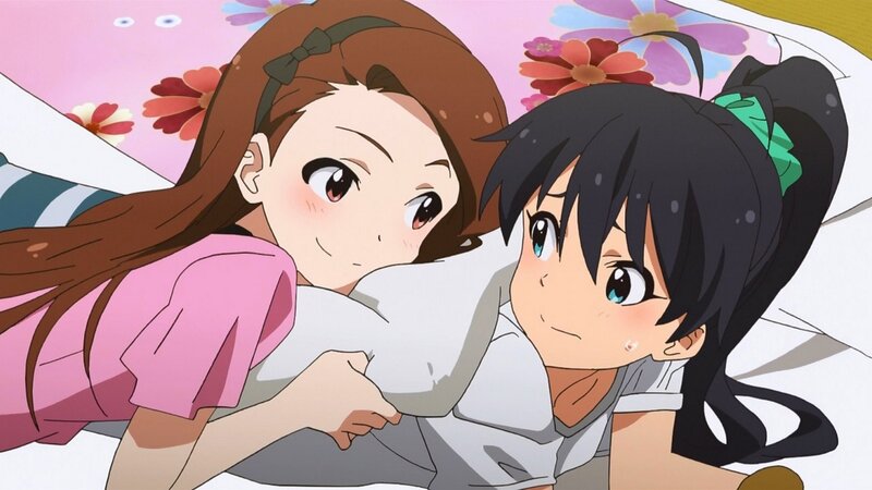 Two Girls on a Bed — Pink, Playful, Anime, Pillows