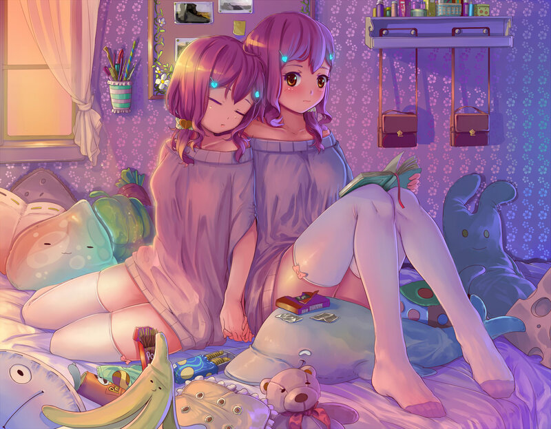 Two Girls on a Bed — Purple, Calm