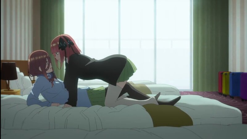 Two Girls on a Bed — White, Calm, Morning, Anime, Window, Suitcases