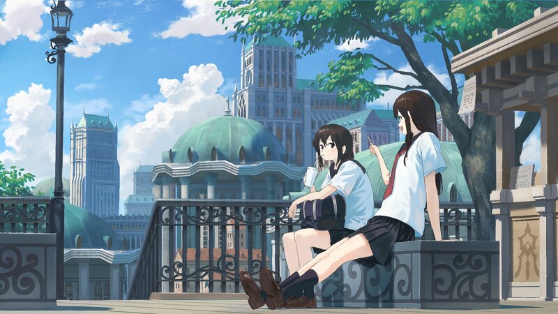 Two Girls on a Bench — Blue, Serene