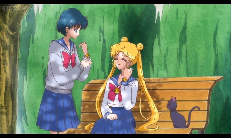 Two Girls on a Bench — Green, Calm, Afternoon, Anime, Cat