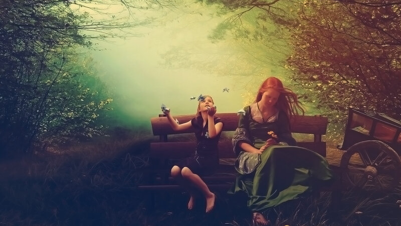 Two Girls on a Bench — Green, Dreamy