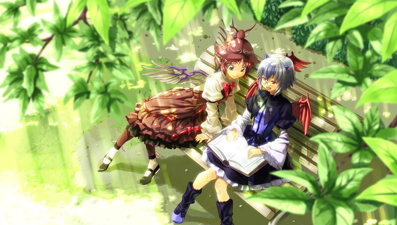 Two Girls on a Bench — Green, Peaceful