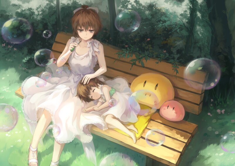 Two Girls on a Bench — Green, Serene, Afternoon, Digital Art