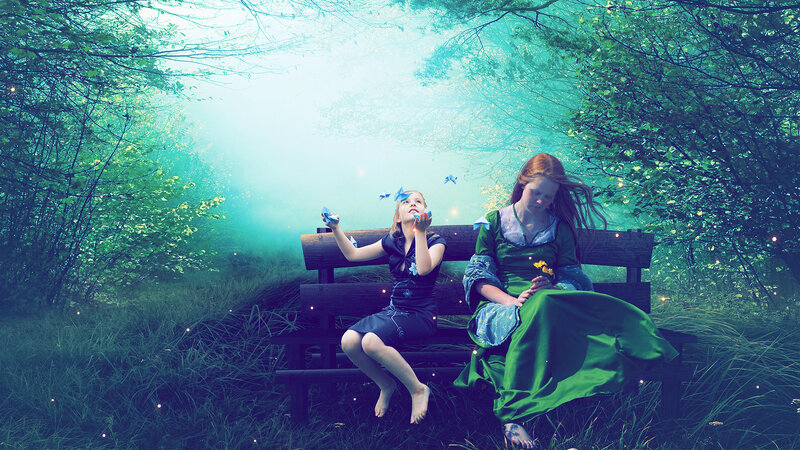 Two Girls on a Bench — Green, Serene, Night