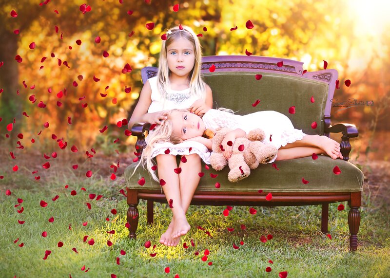Two Girls on a Bench — Green, Serene, Sunset
