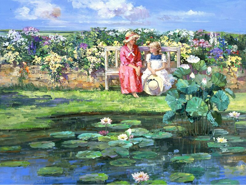 Two Girls on a Bench — Green, Serene